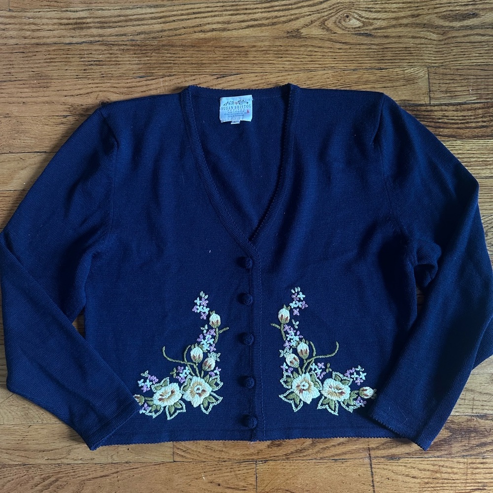 Susan Bristol Navy Embroidered cardigan